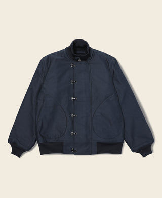 Navy hooded deck hook jacket with toggle front and front flap pockets