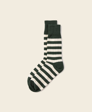 Green and white striped cotton socks with ribbed cuff and dark toe