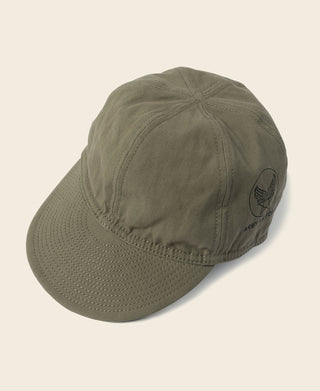 Olive WWII A-3 style flight cap with curved brim and stitched crown seams