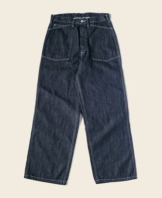 Indigo denim fatigue dungaree pants with drawstring waist and patch pockets