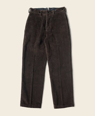 Corduroy work pants in dark brown, straight-leg with button waistband and fly.