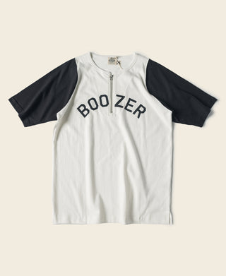 White raglan t-shirt with black sleeves, quarter-zip placket and 'BOOZER' graphic