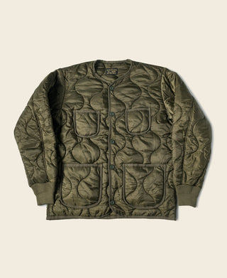Olive quilted padded nylon jacket with snap buttons and patch chest pockets