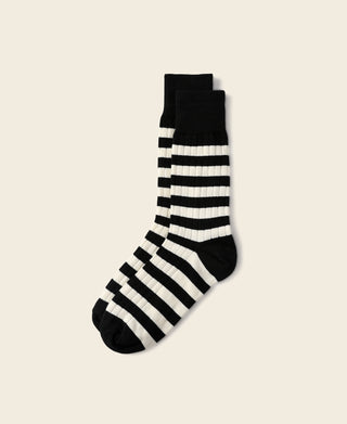 Black and white striped crew cotton socks, ribbed cuff and rounded toe