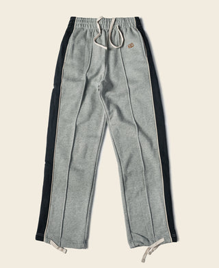 Gray cotton-terry sweatpants with straight leg, side stripe, and drawstring waist