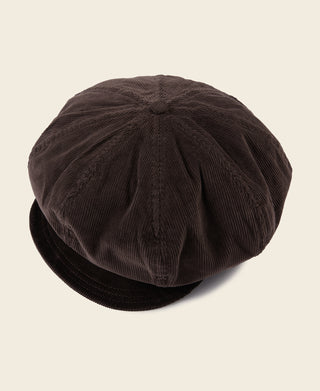 Dark brown corduroy newsboy cap, gathered crown with stitched ridges and brim edge