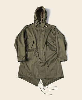 Olive M-1951 parka with hood, front closure, and chest pockets
