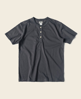 Dark gray cotton short-sleeve henley T-shirt with three-button placket