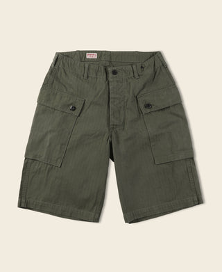 Olive utility cargo shorts with two front flap pockets and buttoned waist