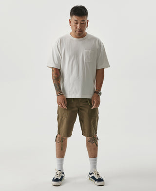 White cotton crew-neck T-shirt with front pocket, short sleeves