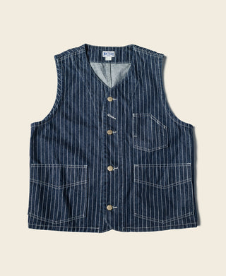 Indigo pinstripe work vest with five front buttons and two chest pockets