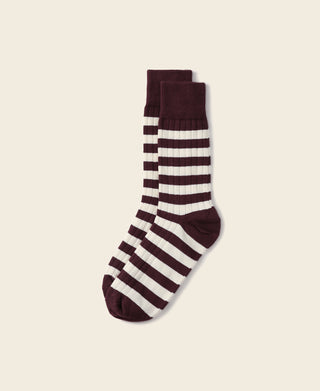 Retro striped cotton socks, burgundy and white, with ribbed cuff and rounded toe