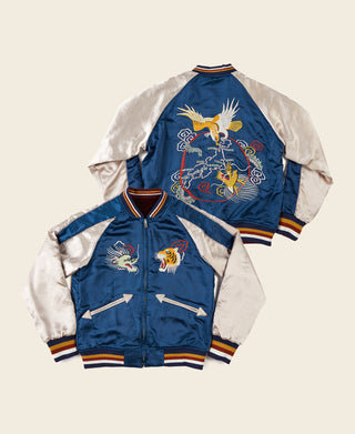 Reversible acetate souvenir jacket, blue front with embroidered dragon design and striped rib trim