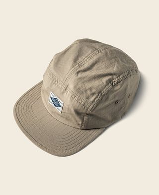 Khaki 5-panel ripstop cotton baseball cap with curved brim and front logo patch