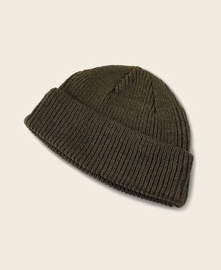 Olive ribbed knit watch cap with cuff and folded brim