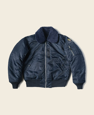 Navy B-15C flight jacket with shearling-style fur collar and front zip