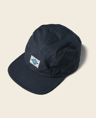 Navy 5-panel ripstop cotton cap with front logo patch and curved brim
