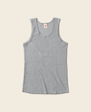 Gray cotton tank top, sleeveless crew neck, ribbed knit hem