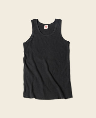 Black cotton tank top with wide crew neck and sleeveless cut