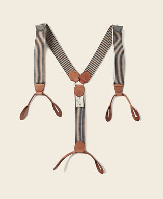 Y-back leather button suspenders with dark-and-light striped braces, brown leather ends