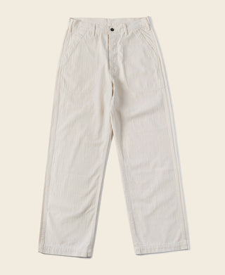 White herringbone deck pants with button fly, belt loops, and side pockets