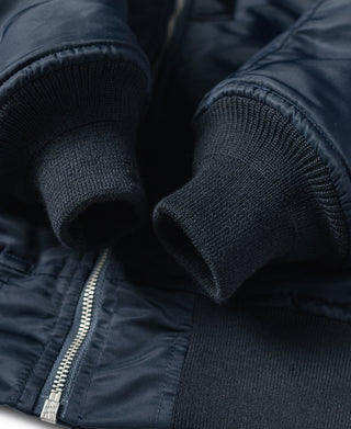 Navy flight jacket knit cuffs and sleeve zipper trim