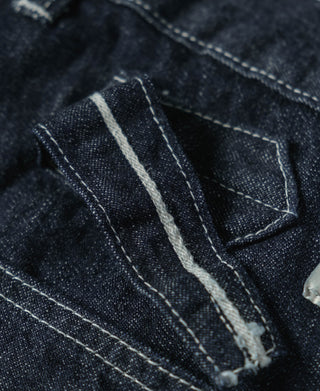 Indigo denim fatigue dungarees, pocket flap strap with frayed stitched edge