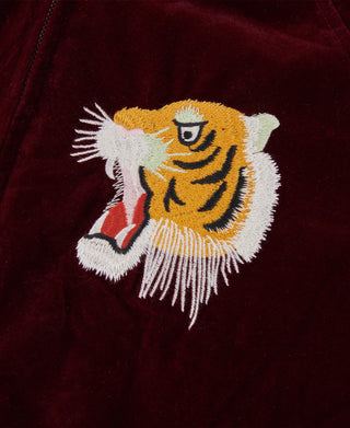 Reversible souvenir jacket, burgundy with close-up tiger embroidery on the chest