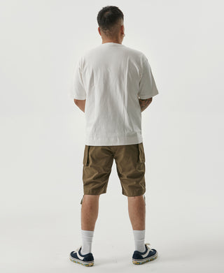 White cotton crew-neck T-shirt, short sleeves, visible back view