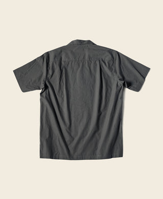 Dark gray short-sleeve button-up shirt, back view