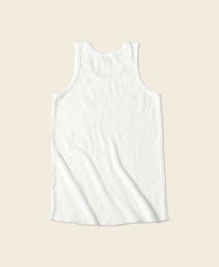White ribbed cotton tank top, sleeveless scoop neck with straight hem