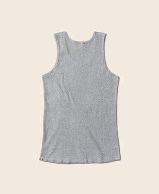 Gray cotton tank top, sleeveless back view, ribbed knit fabric