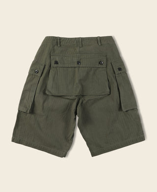 Olive cargo utility shorts with pleated front and side flap pockets