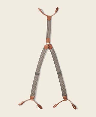 Y-back leather button suspenders, dark-and-light striped straps with brown leather buckles