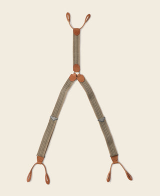 Khaki striped Y-back suspenders with brown leather buttons and U-shaped back strap