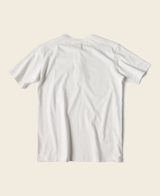 White cotton short-sleeve henley T-shirt, back view with ribbed crew neck