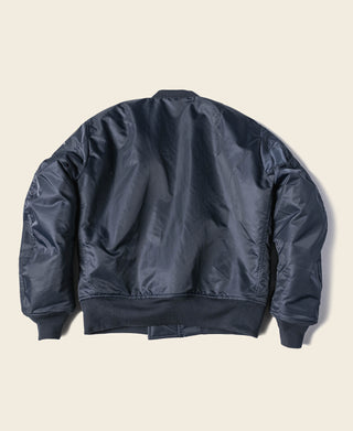 Navy flight jacket with ribbed knit cuffs and hem, front bomber silhouette