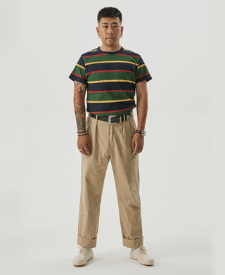Khaki pleated chino trousers with belt loops and straight legs
