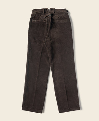 Dark brown corduroy work pants, straight-leg fit with button waistband detail.