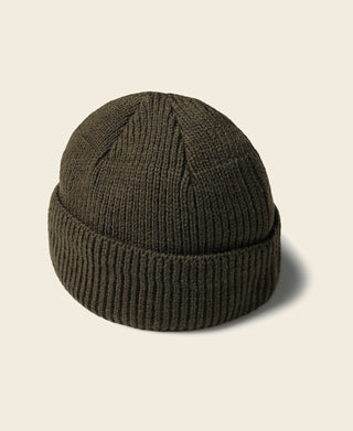 Olive ribbed knit watch cap with folded cuff, side view