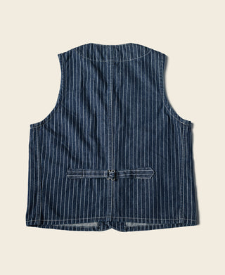 Indigo pinstripe work vest back view with vertical seam and two rear pockets