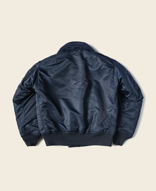 Navy B-15C flight jacket back view with shearling-style collar and zip front