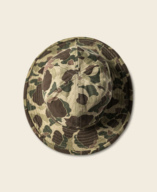 Camo bucket hat side view with ridged stitched brim edge