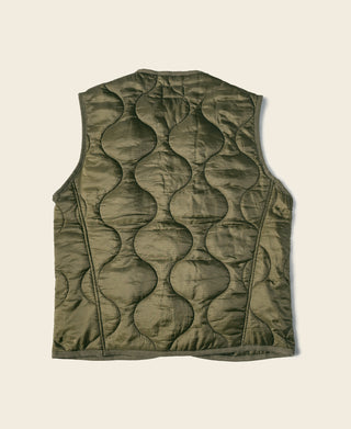 Olive quilted padded nylon vest with wavy stitched pattern, sleeveless back view
