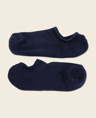 Navy cotton no-show socks, laid flat front and back view, cushioned knit
