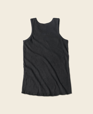 Black cotton tank top back view with ribbed texture and sleeveless cut