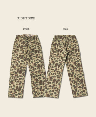 Reversible duck hunter camo pants set showing front and back with green tan pattern