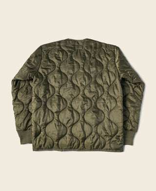 Olive quilted padded nylon jacket back view with all-over textured ripstop