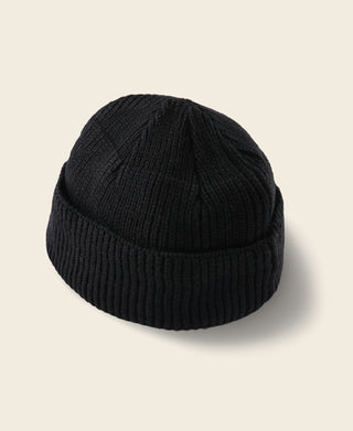 Black rib-knit watch cap, domed crown and ribbed cuff