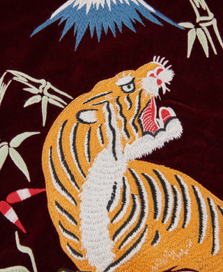 Reversible souvenir jacket, burgundy with large tiger head embroidery and bow accents